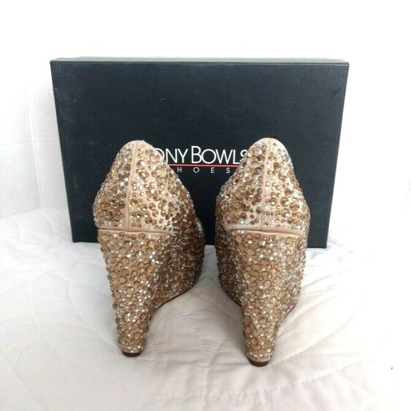 Tony Bowls Prom Formal Pageant Bridal Wedding Shoes Heels Size 7 Gold Bling - Picture 2 of 10